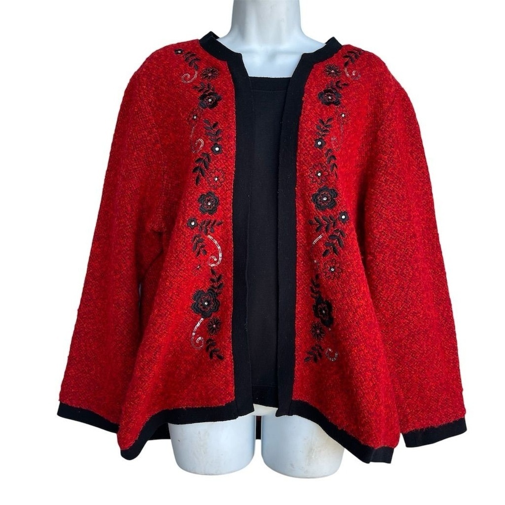 Cathy Daniels Floral Embroidered Top Size XL Red Long Sleeve Sequin Knit Blouse